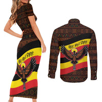 Uganda Couples Matching Short Sleeve Bodycon Dress and Long Sleeve Button Shirt with Crested Crane and Rise and Shine Tribal Pattern Design