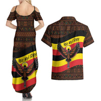 Uganda Couples Matching Summer Maxi Dress and Hawaiian Shirt with Crested Crane and Rise and Shine Tribal Pattern Design