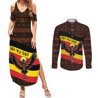 Uganda Couples Matching Summer Maxi Dress and Long Sleeve Button Shirt with Crested Crane and Rise and Shine Tribal Pattern Design