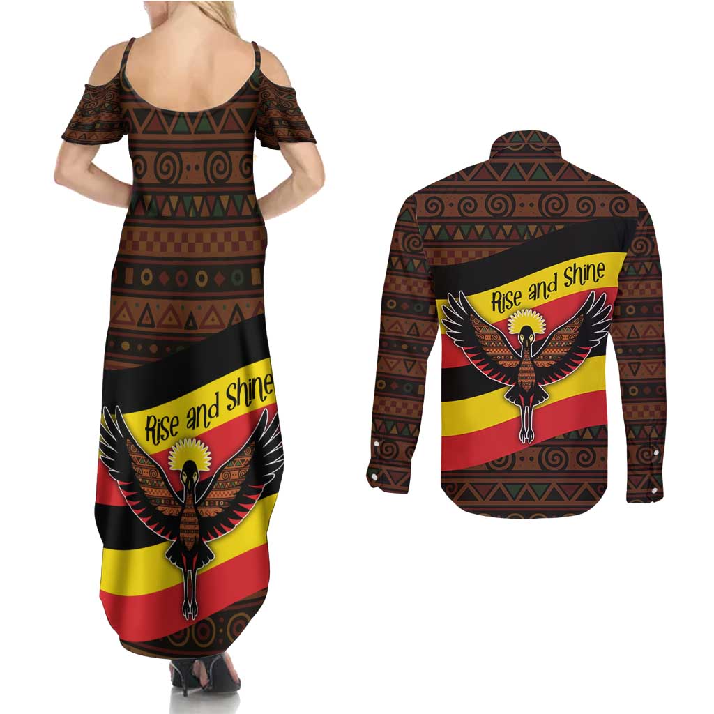 Uganda Couples Matching Summer Maxi Dress and Long Sleeve Button Shirt with Crested Crane and Rise and Shine Tribal Pattern Design