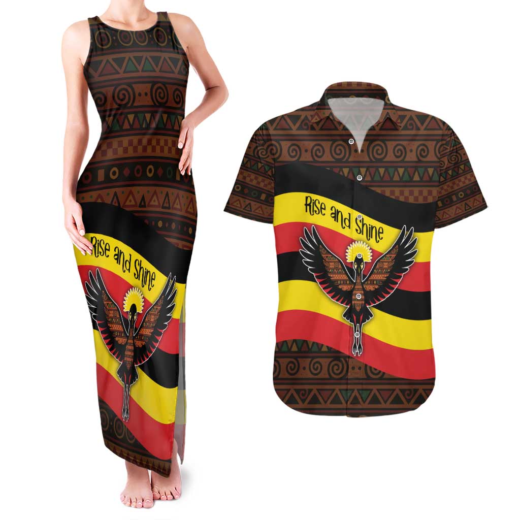 Uganda Couples Matching Tank Maxi Dress and Hawaiian Shirt with Crested Crane and Rise and Shine Tribal Pattern Design