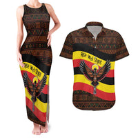 Uganda Couples Matching Tank Maxi Dress and Hawaiian Shirt with Crested Crane and Rise and Shine Tribal Pattern Design