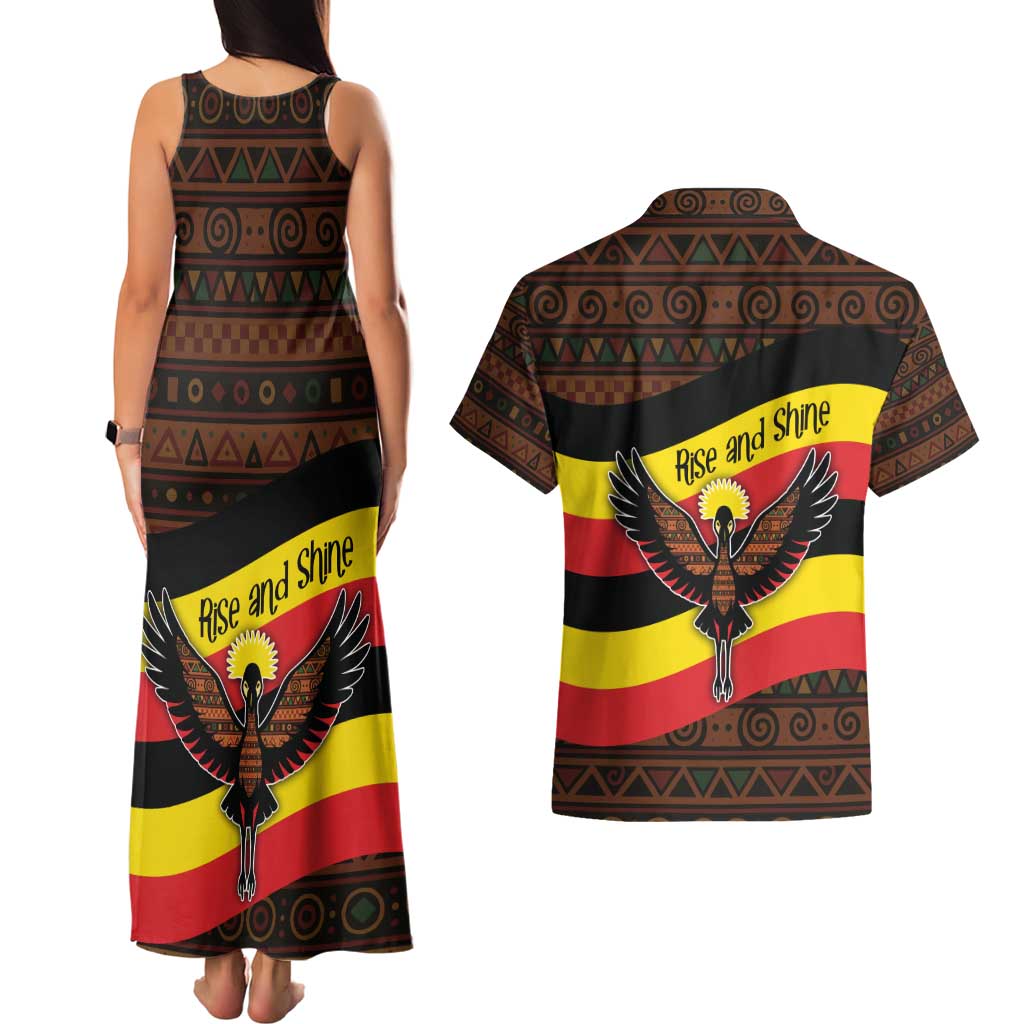 Uganda Couples Matching Tank Maxi Dress and Hawaiian Shirt with Crested Crane and Rise and Shine Tribal Pattern Design