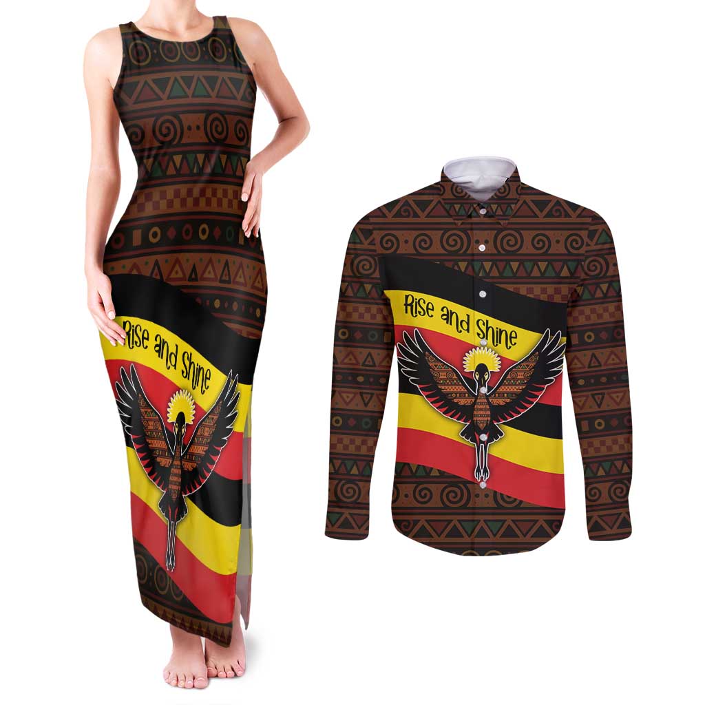 Uganda Couples Matching Tank Maxi Dress and Long Sleeve Button Shirt with Crested Crane and Rise and Shine Tribal Pattern Design