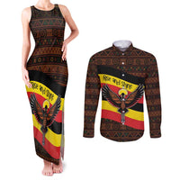 Uganda Couples Matching Tank Maxi Dress and Long Sleeve Button Shirt with Crested Crane and Rise and Shine Tribal Pattern Design