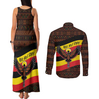 Uganda Couples Matching Tank Maxi Dress and Long Sleeve Button Shirt with Crested Crane and Rise and Shine Tribal Pattern Design