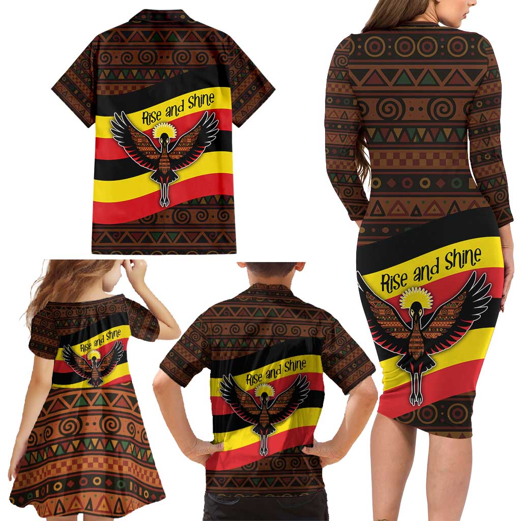 Uganda Family Matching Long Sleeve Bodycon Dress and Hawaiian Shirt with Crested Crane and Rise and Shine Tribal Pattern Design