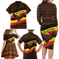Uganda Family Matching Long Sleeve Bodycon Dress and Hawaiian Shirt with Crested Crane and Rise and Shine Tribal Pattern Design