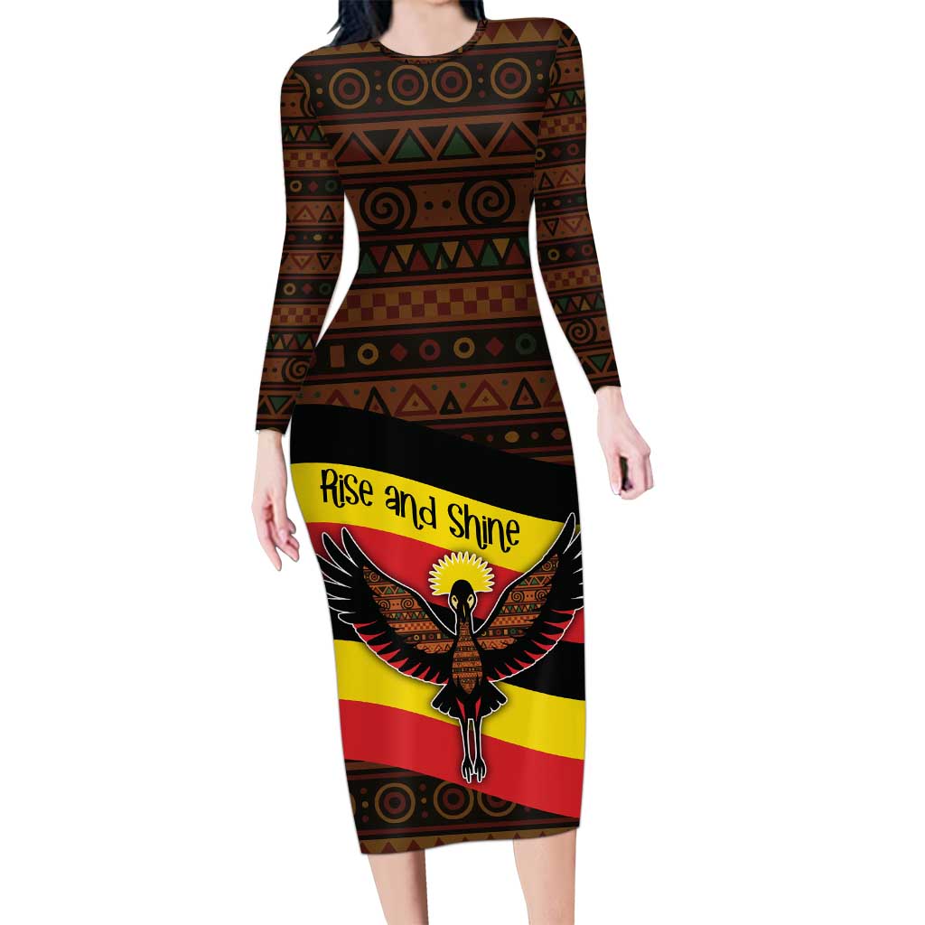 Uganda Family Matching Long Sleeve Bodycon Dress and Hawaiian Shirt with Crested Crane and Rise and Shine Tribal Pattern Design