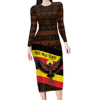 Uganda Family Matching Long Sleeve Bodycon Dress and Hawaiian Shirt with Crested Crane and Rise and Shine Tribal Pattern Design