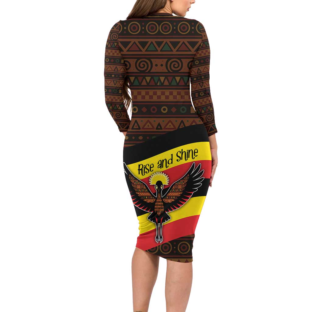 Uganda Family Matching Long Sleeve Bodycon Dress and Hawaiian Shirt with Crested Crane and Rise and Shine Tribal Pattern Design