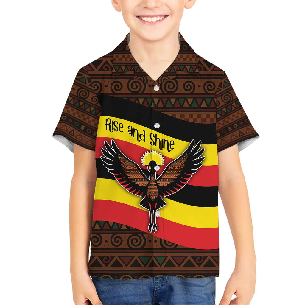 Uganda Family Matching Long Sleeve Bodycon Dress and Hawaiian Shirt with Crested Crane and Rise and Shine Tribal Pattern Design