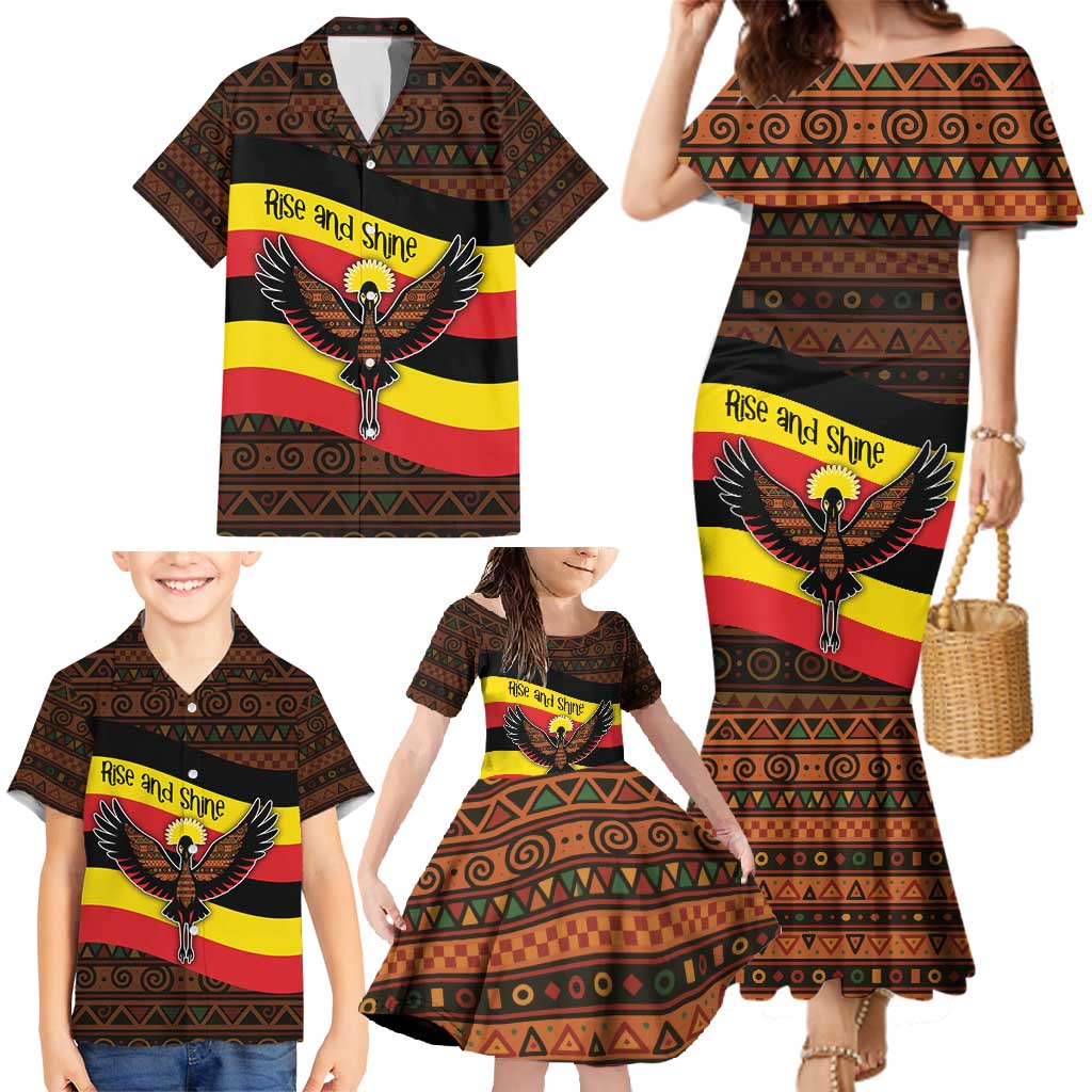 Uganda Family Matching Mermaid Dress and Hawaiian Shirt with Crested Crane and Rise and Shine Tribal Pattern Design