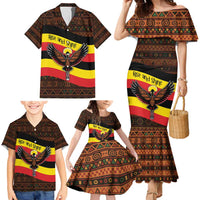 Uganda Family Matching Mermaid Dress and Hawaiian Shirt with Crested Crane and Rise and Shine Tribal Pattern Design