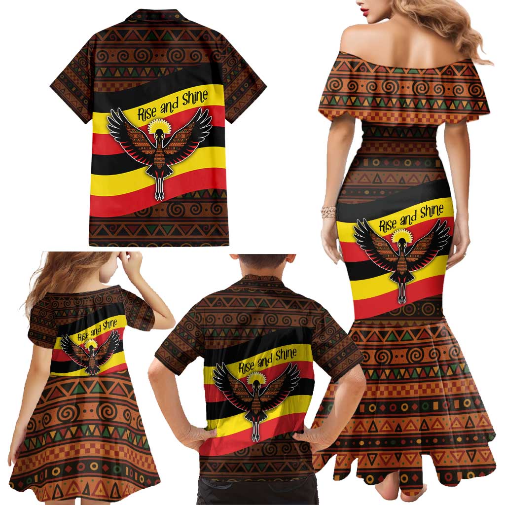 Uganda Family Matching Mermaid Dress and Hawaiian Shirt with Crested Crane and Rise and Shine Tribal Pattern Design