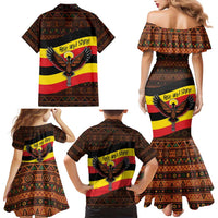Uganda Family Matching Mermaid Dress and Hawaiian Shirt with Crested Crane and Rise and Shine Tribal Pattern Design
