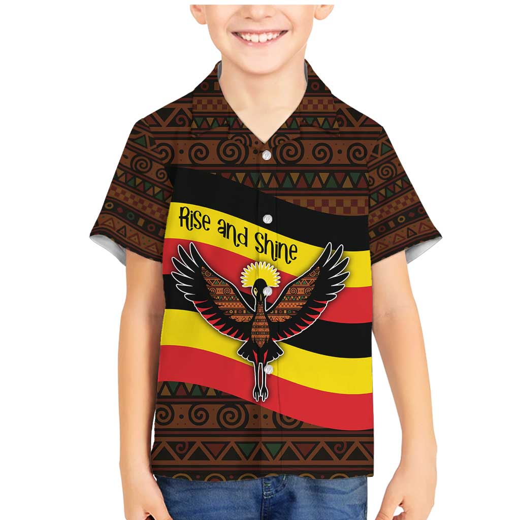 Uganda Family Matching Mermaid Dress and Hawaiian Shirt with Crested Crane and Rise and Shine Tribal Pattern Design