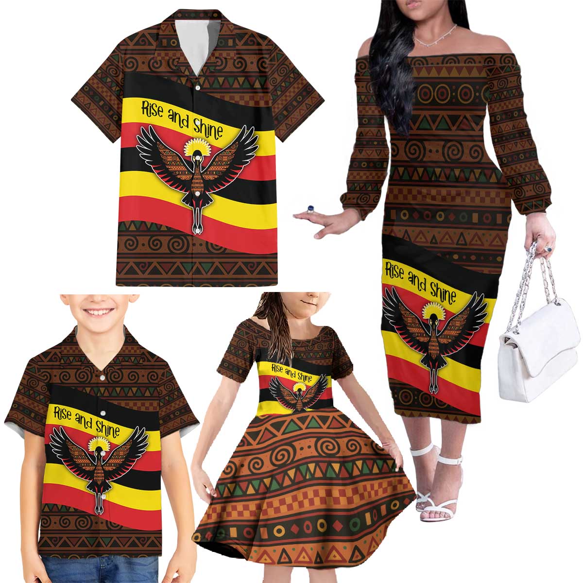 Uganda Family Matching Off The Shoulder Long Sleeve Dress and Hawaiian Shirt with Crested Crane and Rise and Shine Tribal Pattern Design