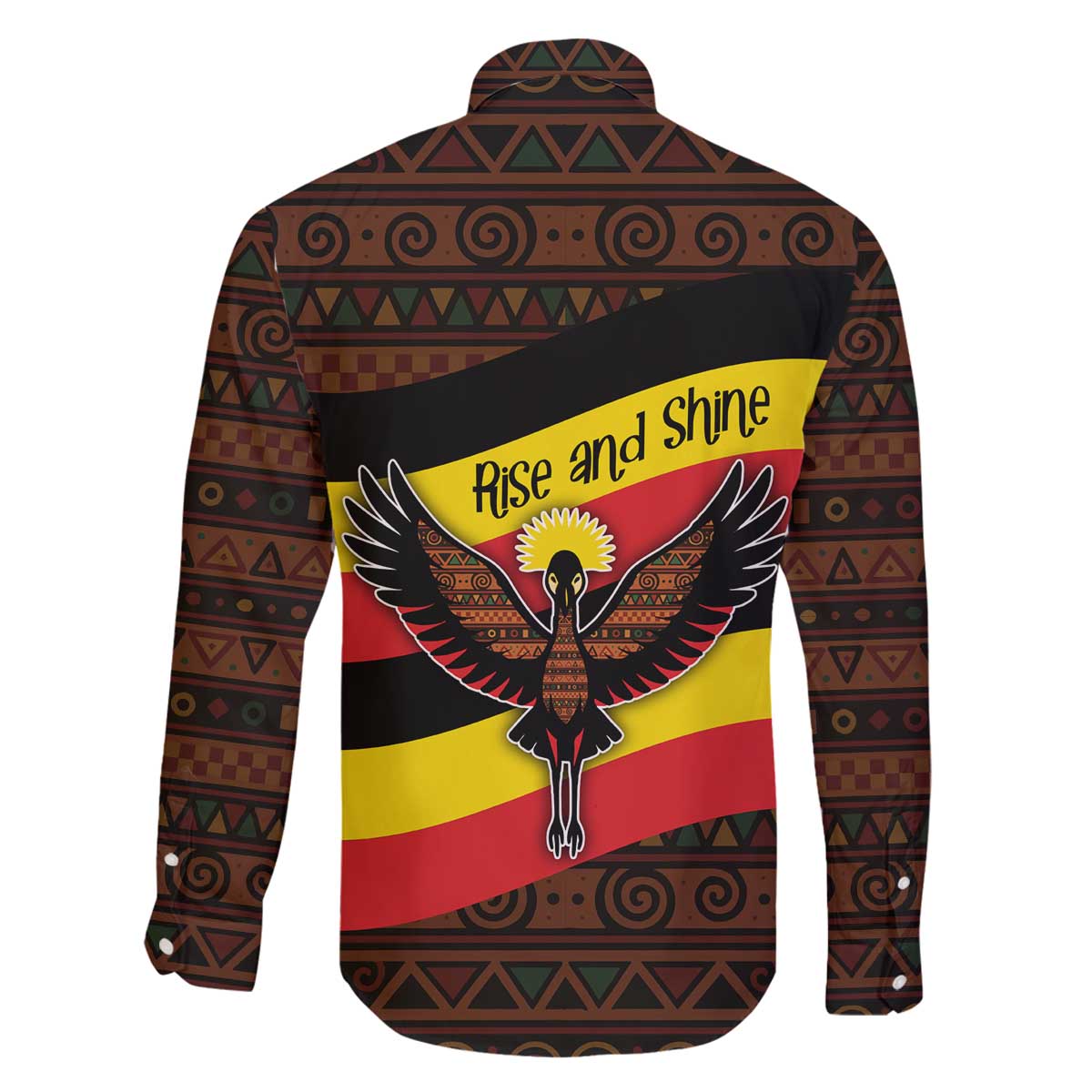 Uganda Family Matching Off The Shoulder Long Sleeve Dress and Hawaiian Shirt with Crested Crane and Rise and Shine Tribal Pattern Design