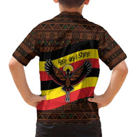 Uganda Family Matching Off Shoulder Maxi Dress and Hawaiian Shirt with Crested Crane and Rise and Shine Tribal Pattern Design