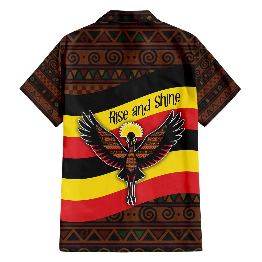 Uganda Family Matching Off Shoulder Maxi Dress and Hawaiian Shirt with Crested Crane and Rise and Shine Tribal Pattern Design