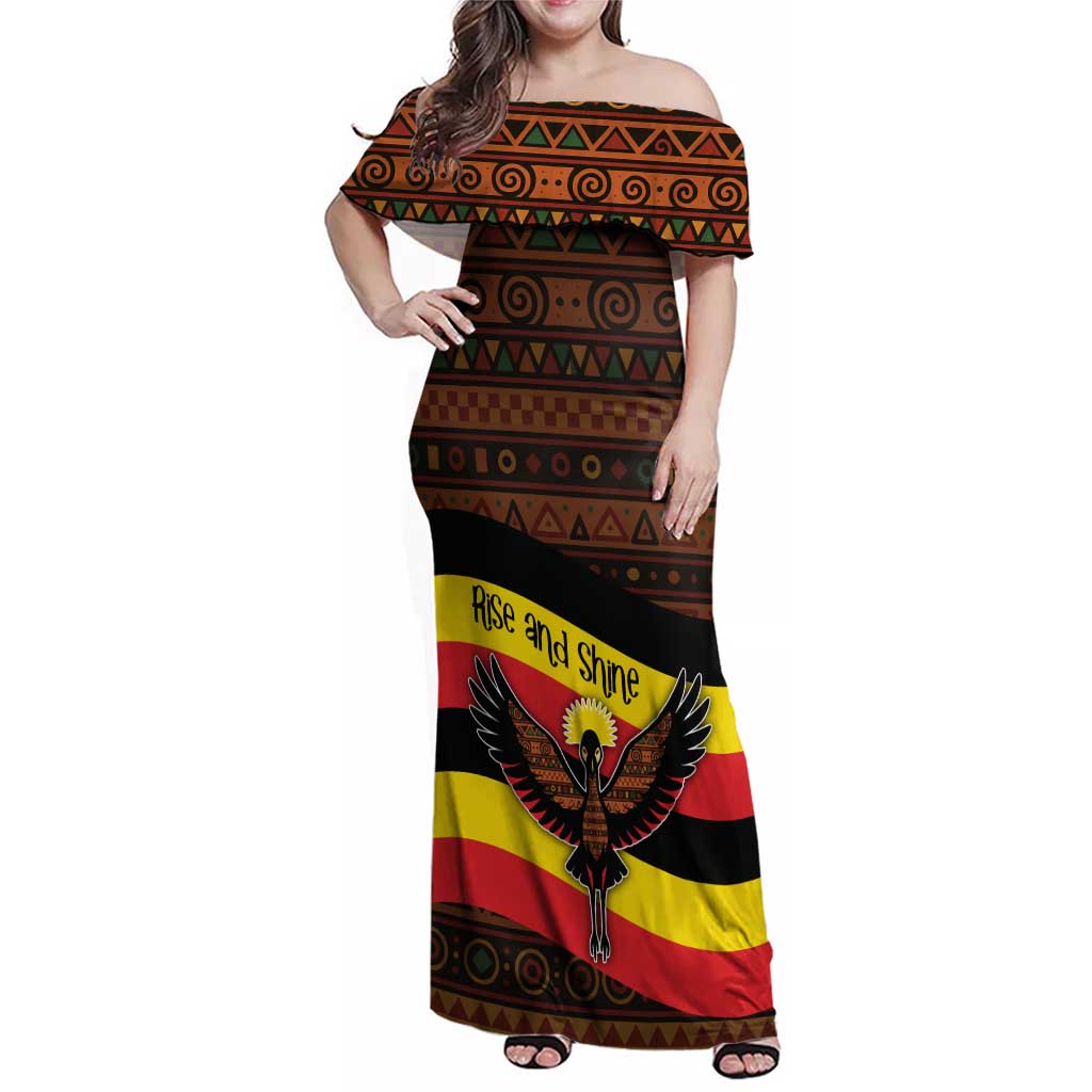 Uganda Family Matching Off Shoulder Maxi Dress and Hawaiian Shirt with Crested Crane and Rise and Shine Tribal Pattern Design