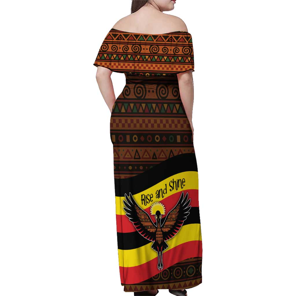 Uganda Family Matching Off Shoulder Maxi Dress and Hawaiian Shirt with Crested Crane and Rise and Shine Tribal Pattern Design