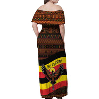 Uganda Family Matching Off Shoulder Maxi Dress and Hawaiian Shirt with Crested Crane and Rise and Shine Tribal Pattern Design