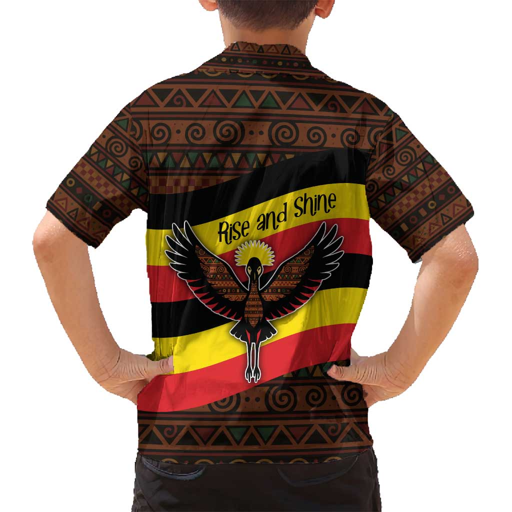 Uganda Family Matching Off Shoulder Short Dress and Hawaiian Shirt with Crested Crane and Rise and Shine Tribal Pattern Design