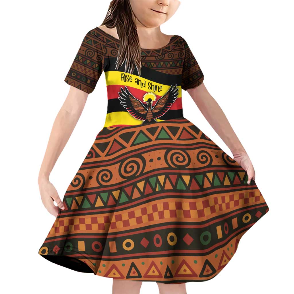 Uganda Family Matching Off Shoulder Short Dress and Hawaiian Shirt with Crested Crane and Rise and Shine Tribal Pattern Design