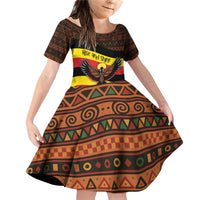 Uganda Family Matching Off Shoulder Short Dress and Hawaiian Shirt with Crested Crane and Rise and Shine Tribal Pattern Design