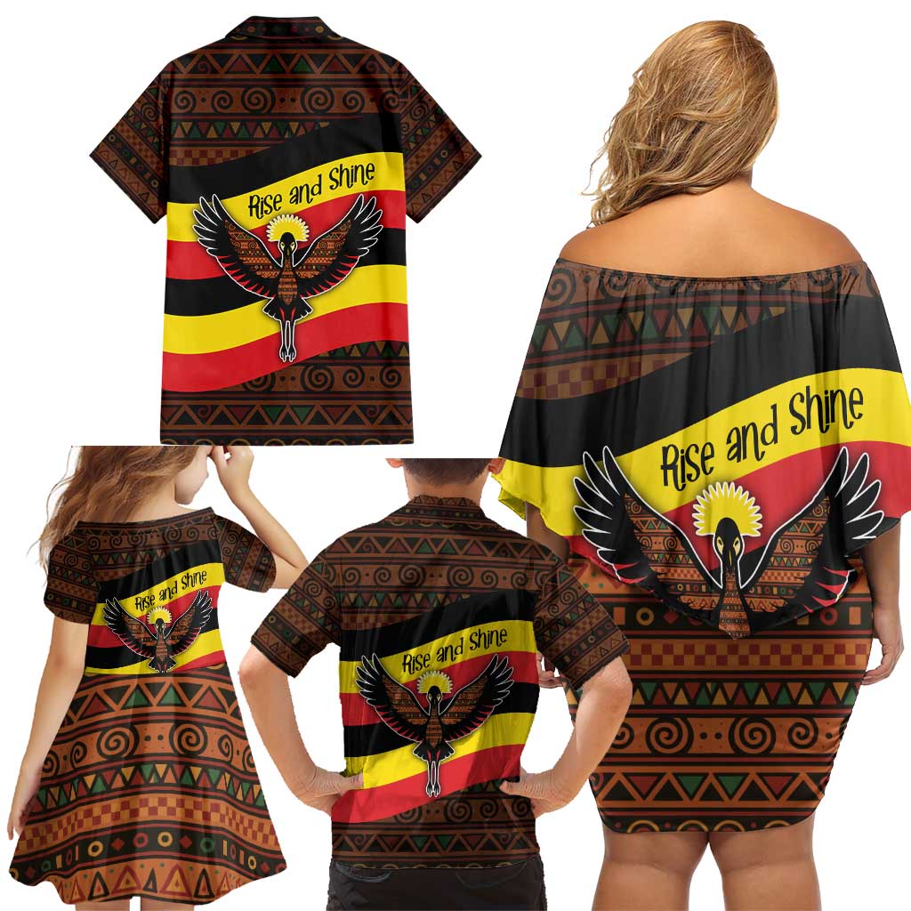 Uganda Family Matching Off Shoulder Short Dress and Hawaiian Shirt with Crested Crane and Rise and Shine Tribal Pattern Design