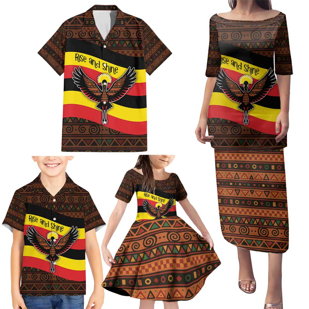 Uganda Family Matching Puletasi and Hawaiian Shirt with Crested Crane and Rise and Shine Tribal Pattern Design