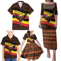 Uganda Family Matching Puletasi and Hawaiian Shirt with Crested Crane and Rise and Shine Tribal Pattern Design