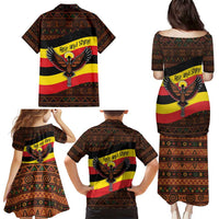Uganda Family Matching Puletasi and Hawaiian Shirt with Crested Crane and Rise and Shine Tribal Pattern Design