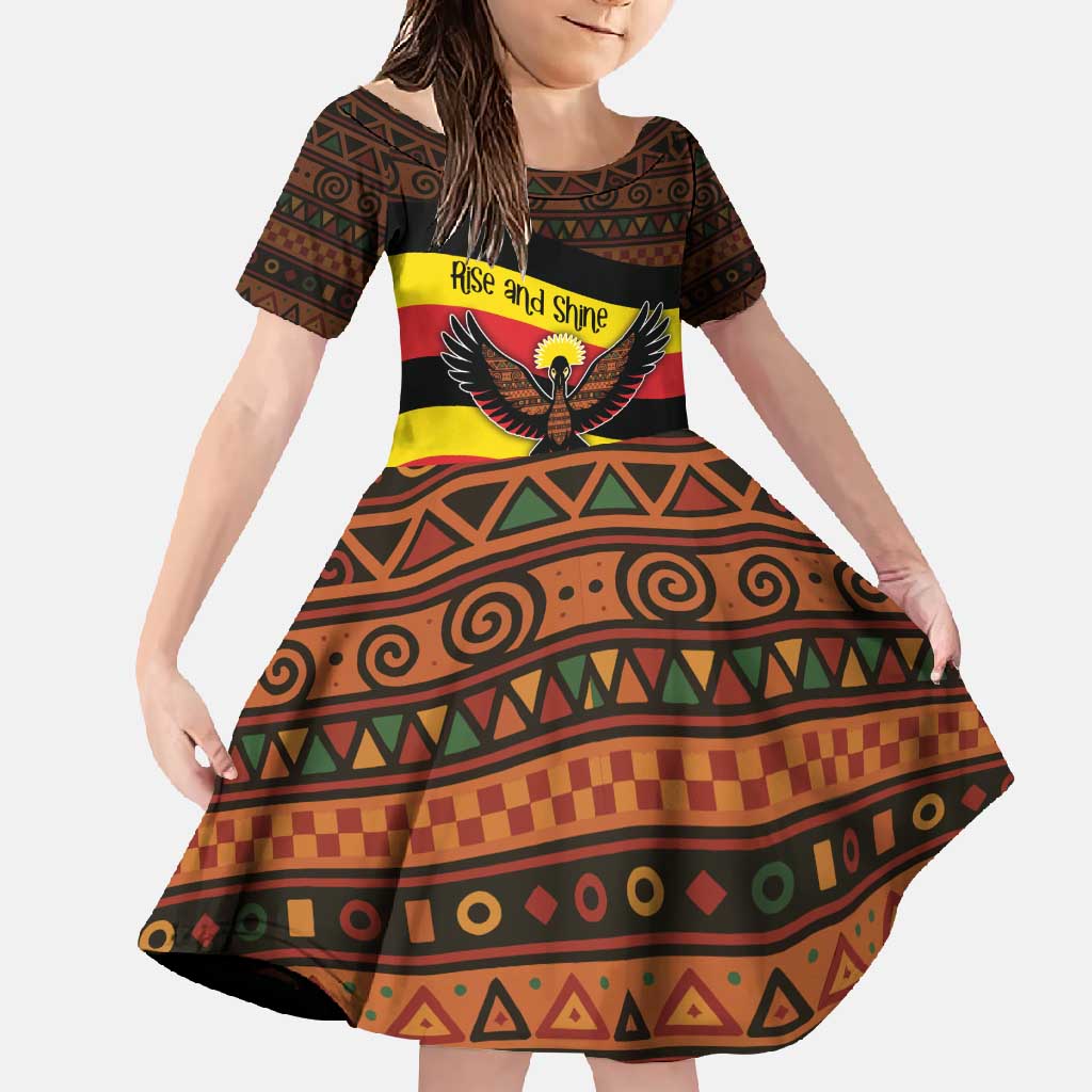 Uganda Family Matching Short Sleeve Bodycon Dress and Hawaiian Shirt with Crested Crane and Rise and Shine Tribal Pattern Design