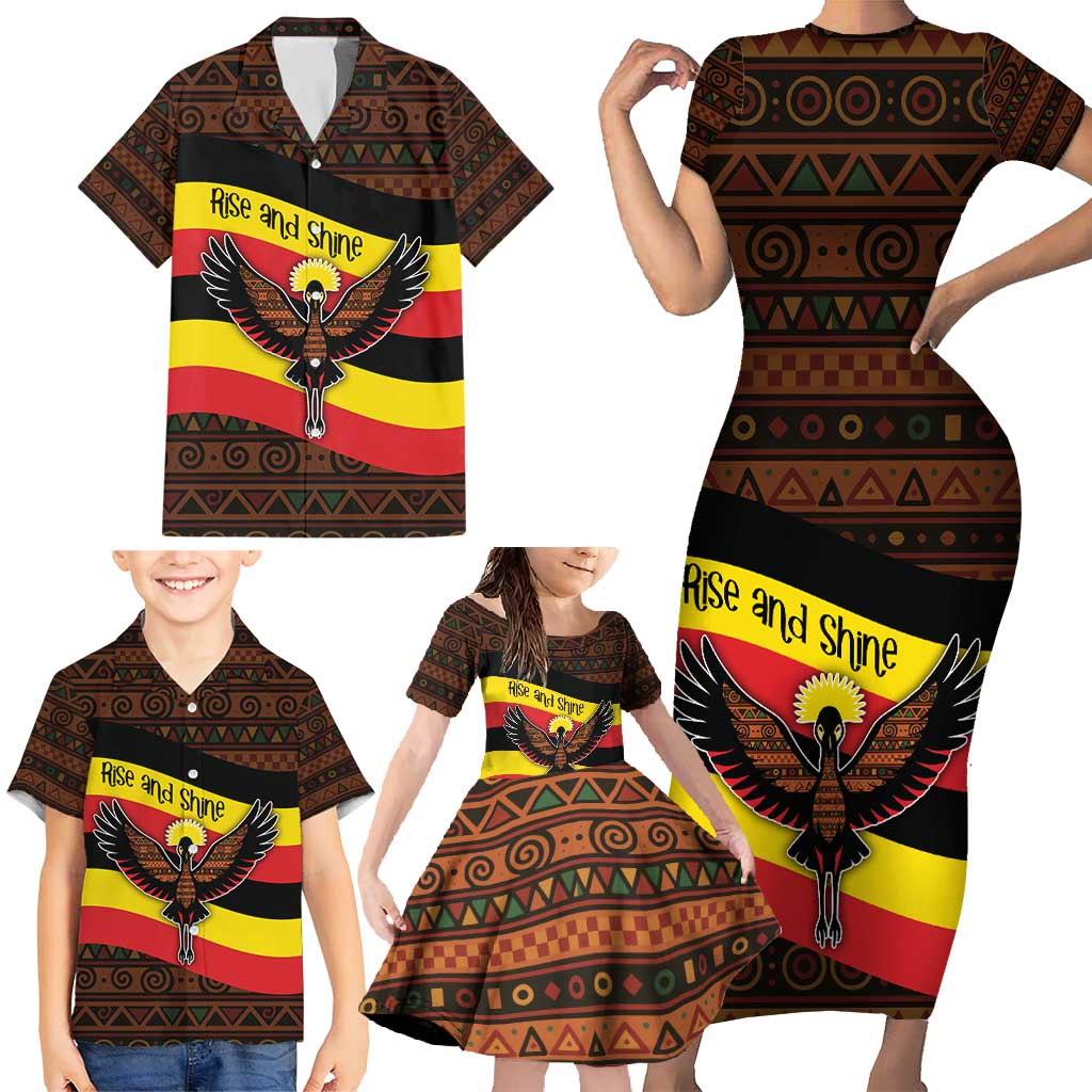 Uganda Family Matching Short Sleeve Bodycon Dress and Hawaiian Shirt with Crested Crane and Rise and Shine Tribal Pattern Design