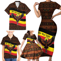 Uganda Family Matching Short Sleeve Bodycon Dress and Hawaiian Shirt with Crested Crane and Rise and Shine Tribal Pattern Design