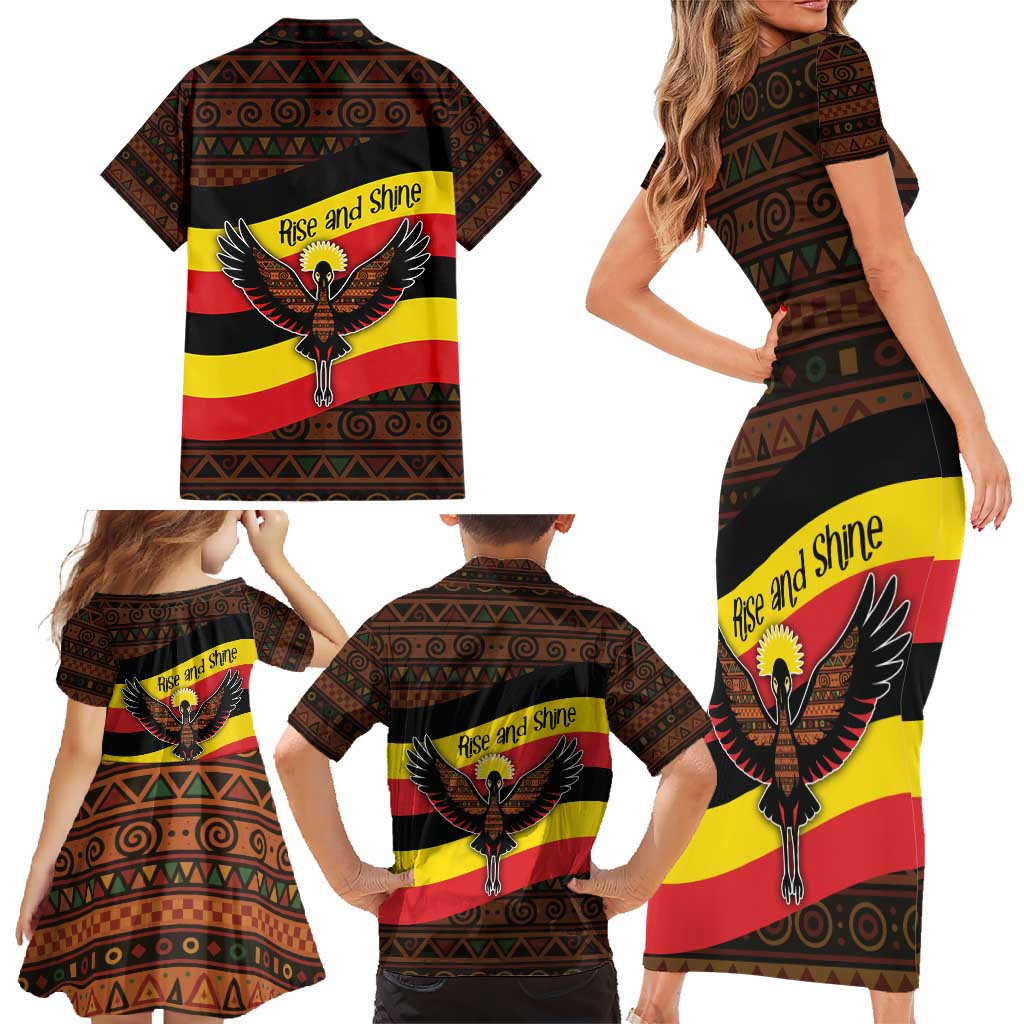 Uganda Family Matching Short Sleeve Bodycon Dress and Hawaiian Shirt with Crested Crane and Rise and Shine Tribal Pattern Design