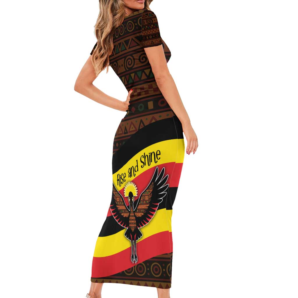 Uganda Family Matching Short Sleeve Bodycon Dress and Hawaiian Shirt with Crested Crane and Rise and Shine Tribal Pattern Design