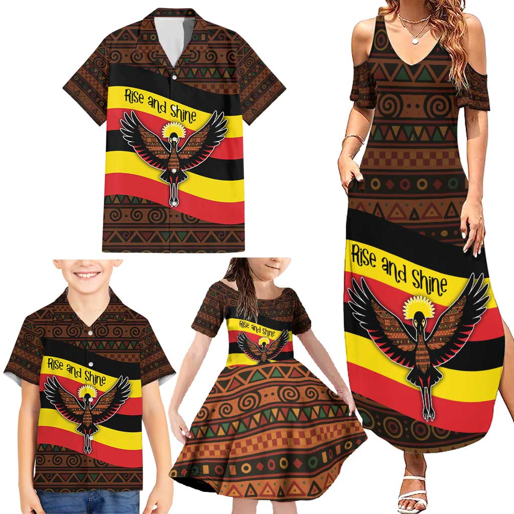 Uganda Family Matching Summer Maxi Dress and Hawaiian Shirt with Crested Crane and Rise and Shine Tribal Pattern Design