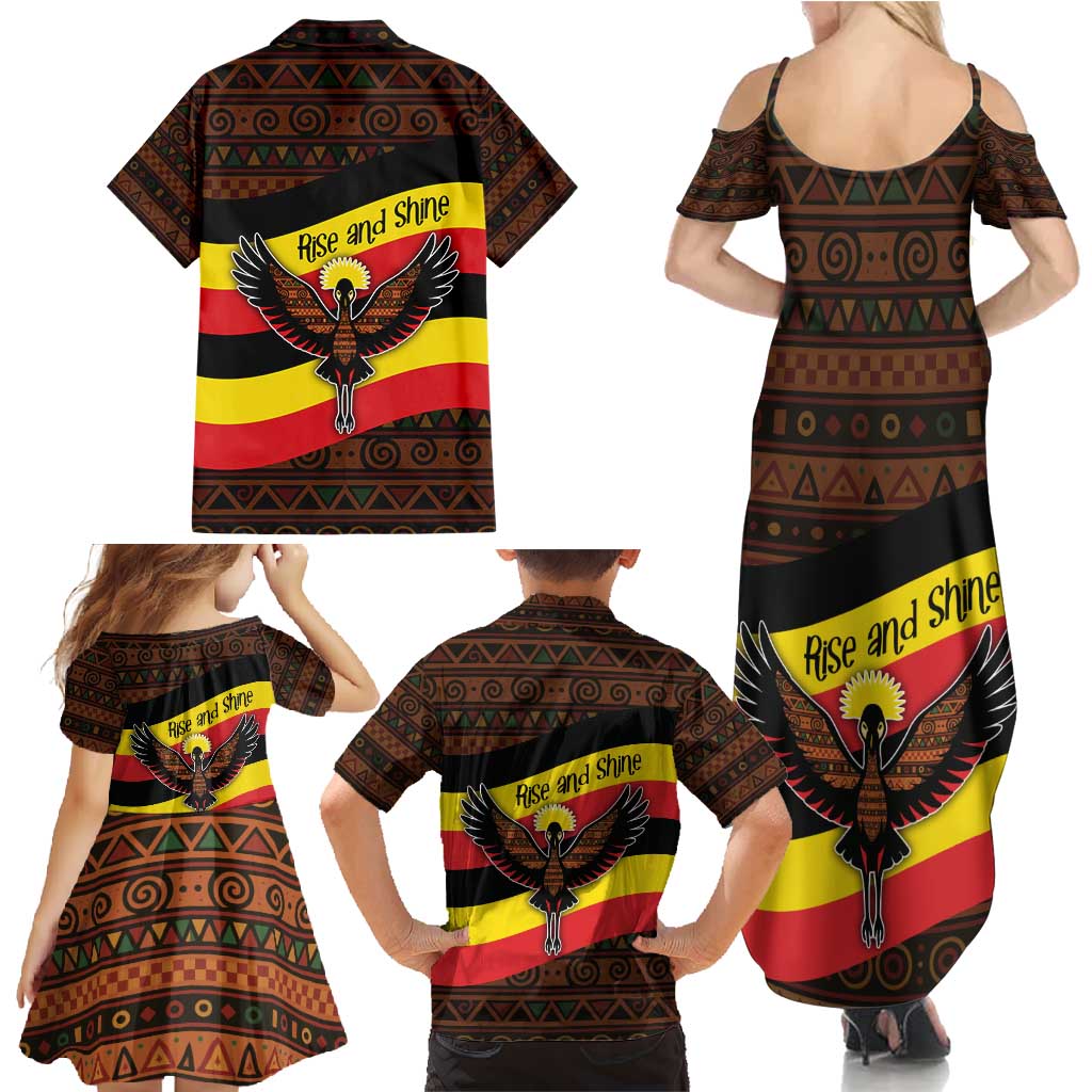 Uganda Family Matching Summer Maxi Dress and Hawaiian Shirt with Crested Crane and Rise and Shine Tribal Pattern Design