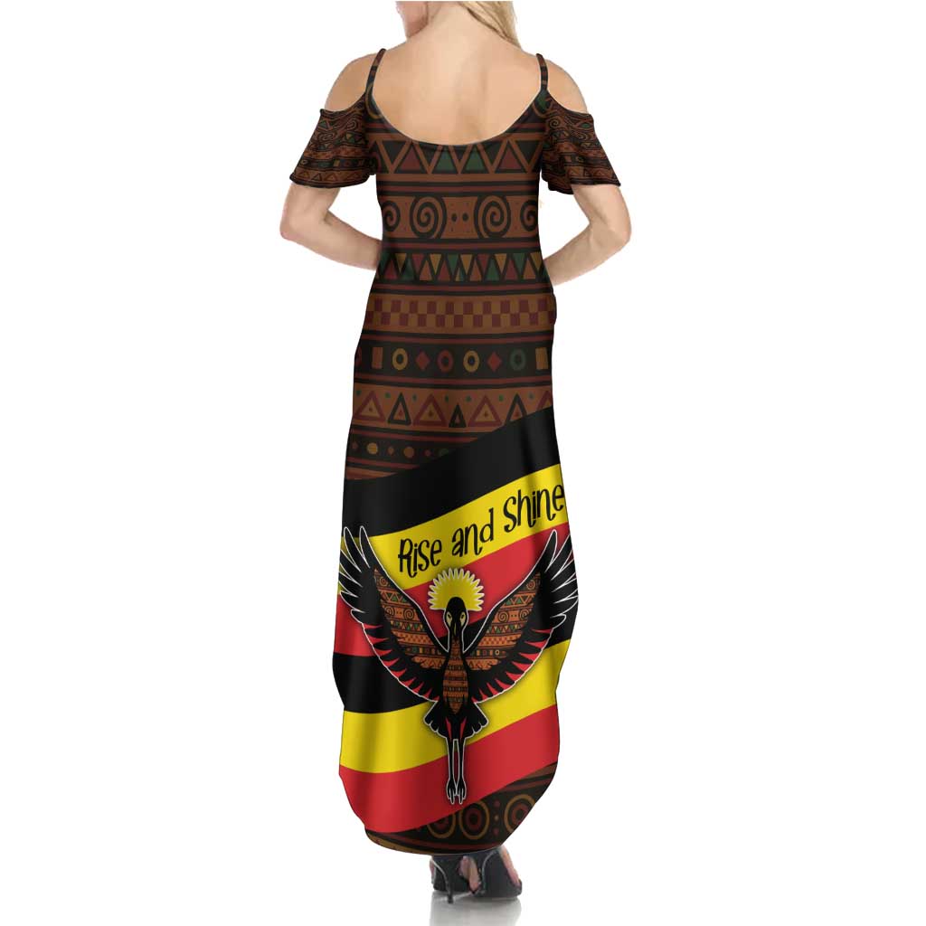 Uganda Family Matching Summer Maxi Dress and Hawaiian Shirt with Crested Crane and Rise and Shine Tribal Pattern Design