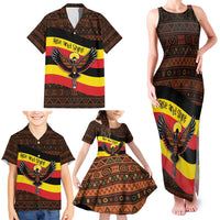 Uganda Family Matching Tank Maxi Dress and Hawaiian Shirt with Crested Crane and Rise and Shine Tribal Pattern Design