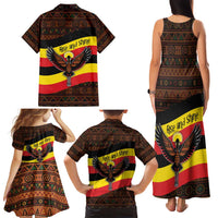 Uganda Family Matching Tank Maxi Dress and Hawaiian Shirt with Crested Crane and Rise and Shine Tribal Pattern Design