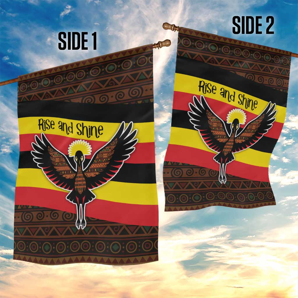 Uganda Garden Flag with Crested Crane and Rise and Shine Tribal Pattern Design
