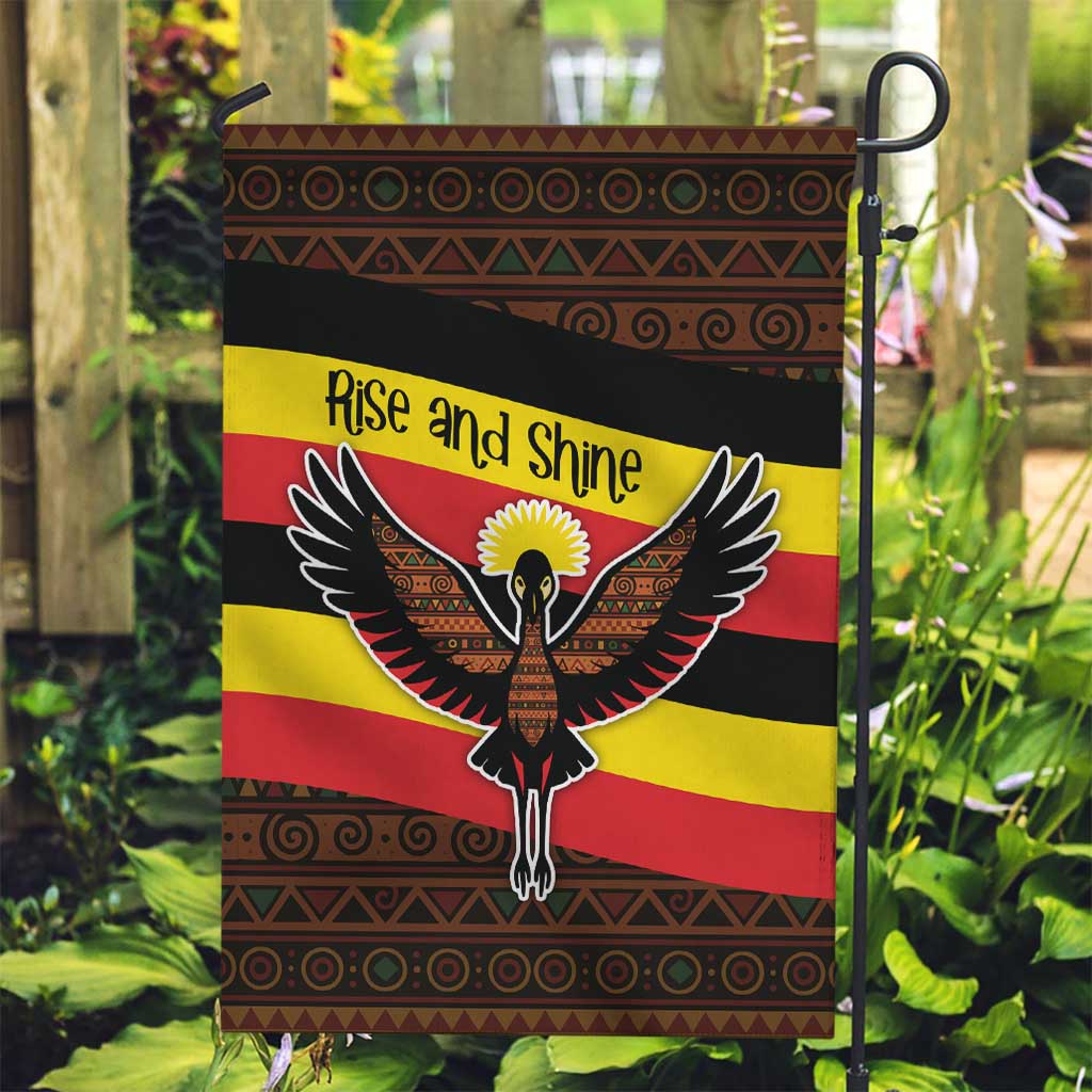 Uganda Garden Flag with Crested Crane and Rise and Shine Tribal Pattern Design