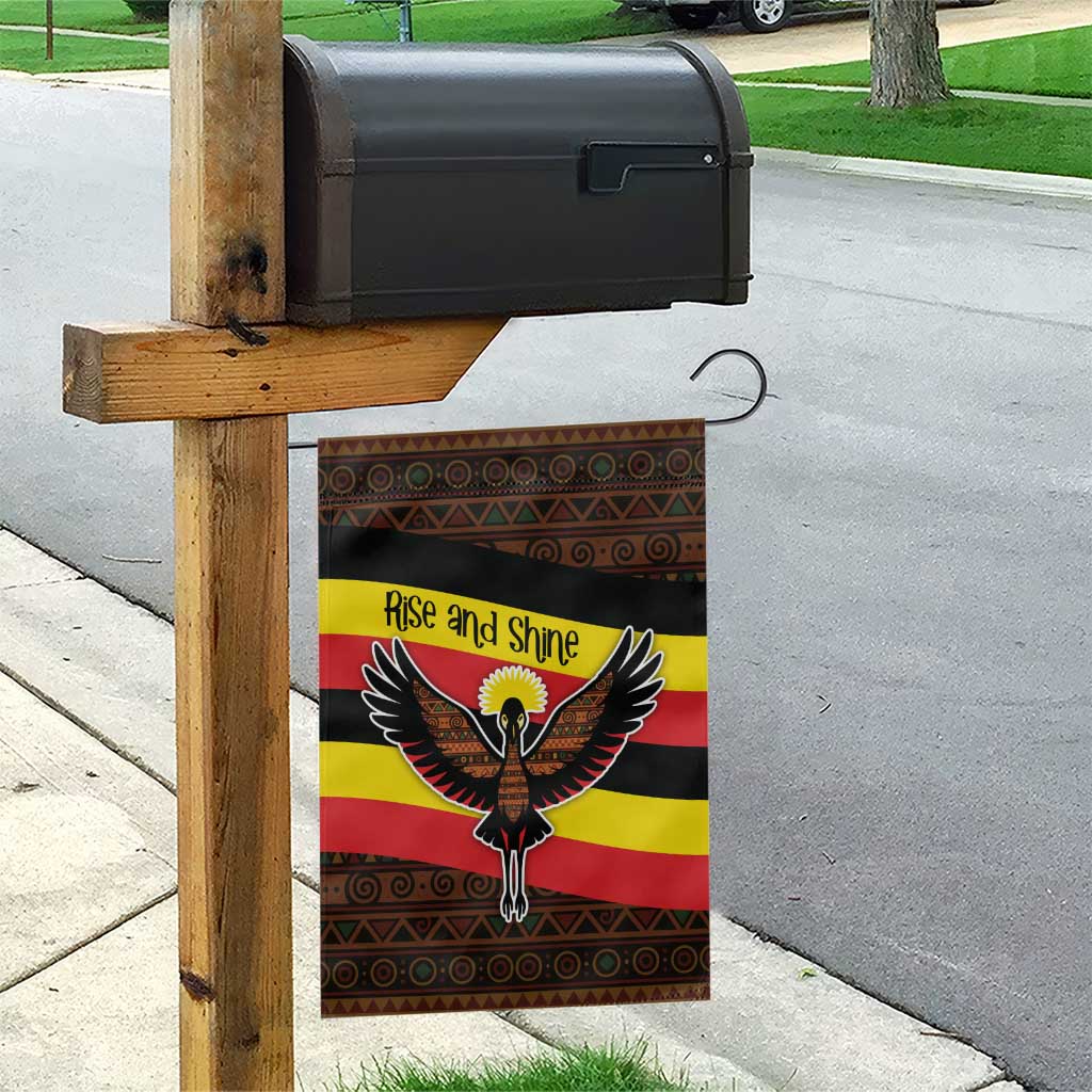 Uganda Garden Flag with Crested Crane and Rise and Shine Tribal Pattern Design