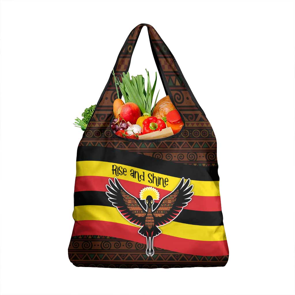 Uganda Grocery Bag with Crested Crane and Rise and Shine Tribal Pattern Design