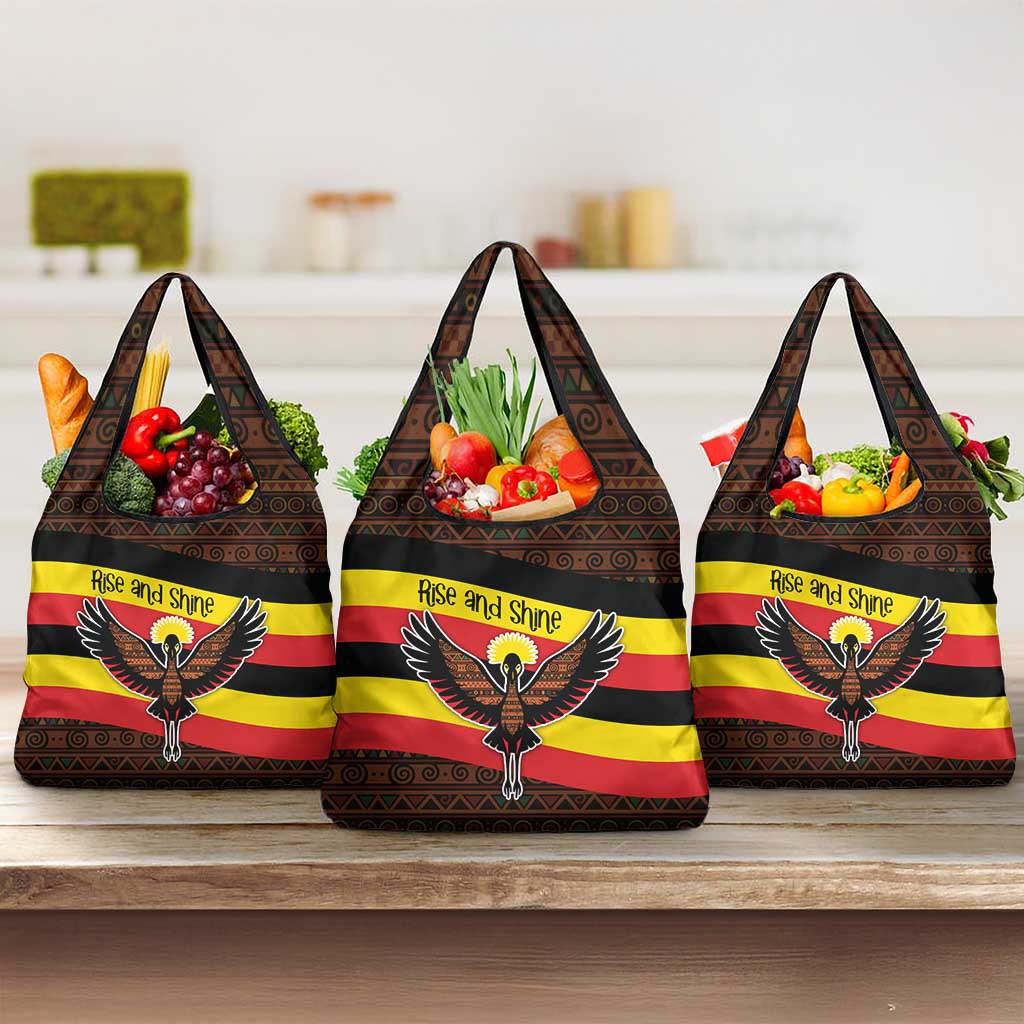 Uganda Grocery Bag with Crested Crane and Rise and Shine Tribal Pattern Design